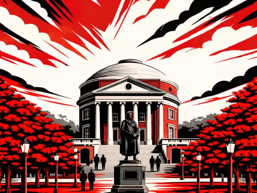 Illustration of the University of Virginia campus in red, white, and black