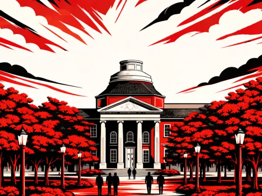 Illustration in red, white, and black of the University of Delaware campus.