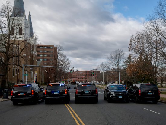 Police cars block a roadway in Hartford, Connecticut