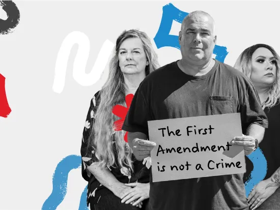 FIRE clients on a white background, with Jeff Gray in the center holding a sign that reads "The First Amendment is not a crime"