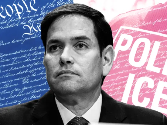 Cropped image of Secretary of State and former Sen. Marco Rubio set against the Constitution in blue and the words "POLICE" and "ICE" in red.