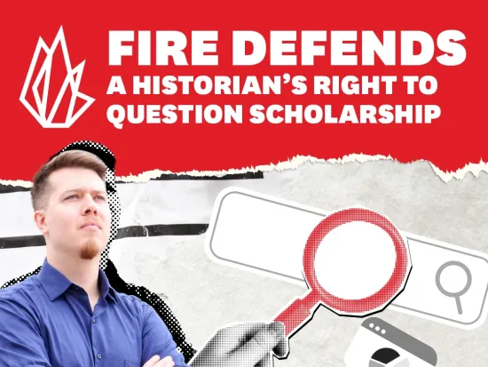 Graphic of FIRE defendant, historian James Gregory, alongside clip art including a magnifying glass and search engine under the words: "FIRE defends a historian's right to question scholarship."