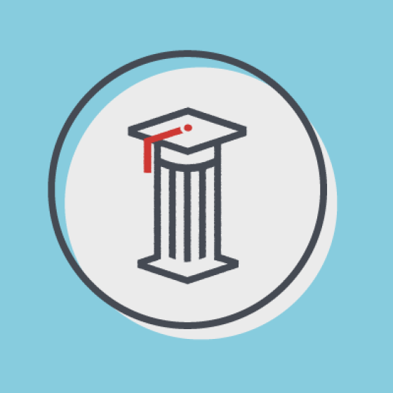 An icon of a column with a graduation hat on top. 