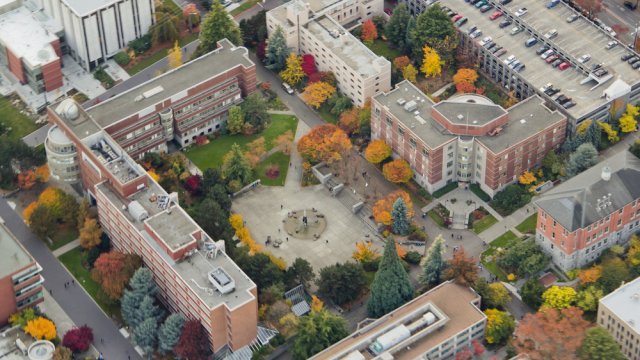 Aerial view of college campus buildings 
