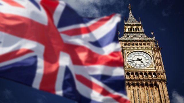 British union jack flag and Big Ben Clock Tower in background