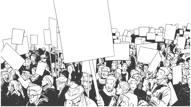 Illustration of people protesting with blank signs and banners