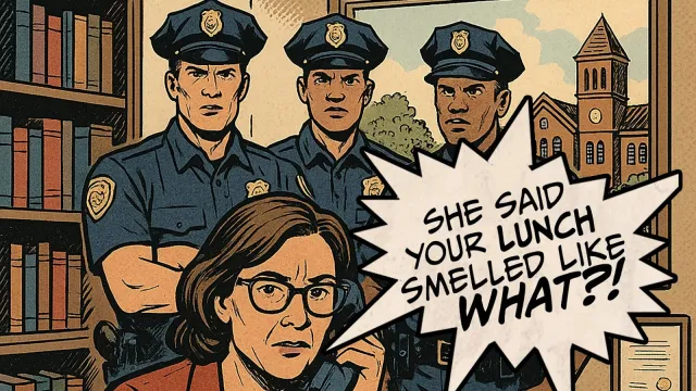 Illustration of police officers entering the office of a professional woman, who is speaking into the phone: "She said your lunch smelled like what?"