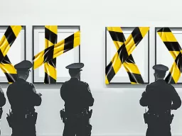 Police officers standing in front of empty picture frames covered with police tape